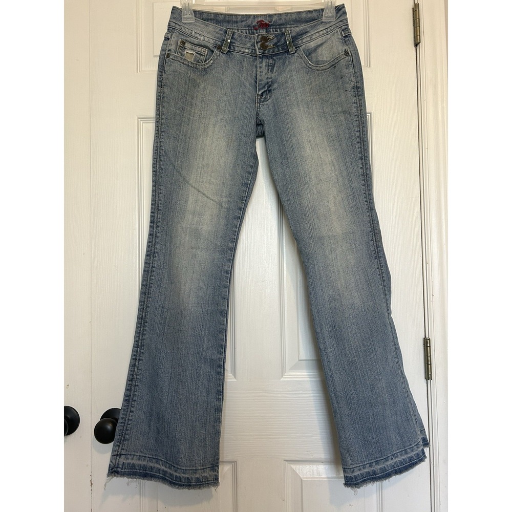 Y2K Jixi Denim Jeans Embellished Distressed Camo Low Rise Flare‎ Women's 30